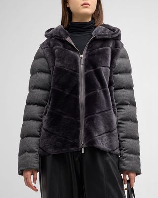 Chevron Lamb Shearling Parka With Wool-Cashmere Sleeves and Back