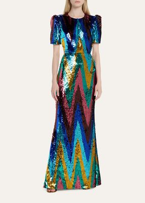 Chevron Sequin-Embellished Cutout Fitted Gown