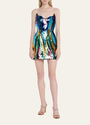 Chevron Sequin-Embellished Strapless Mini Dress