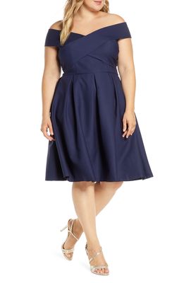 Chi Chi London Curve Bay Crossover Portrait Collar Cocktail Dress in Navy