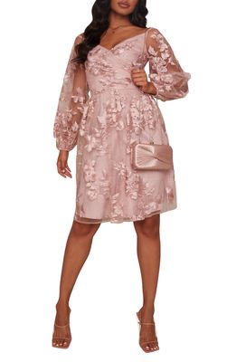 Chi Chi London Embroidered Off the Shoulder Long Sleeve Minidress in Blush