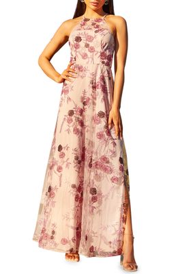 Chi Chi London Floral Embroidered Halter Evening Gown in Blush