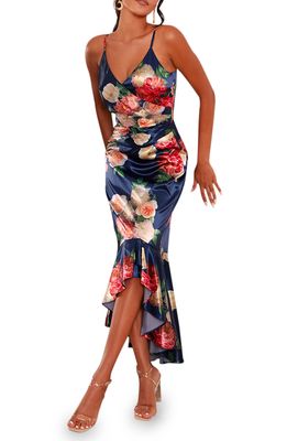 Chi Chi London Floral High-Low Satin Midi Dress in Navy