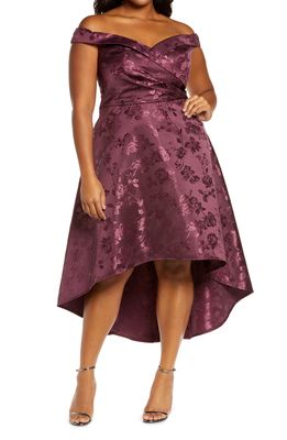Chi Chi London Floral Jacquard Off the Shoulder Gown in Berry