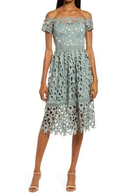 Chi Chi London Guipure Lace Off the Shoulder Dress in Green