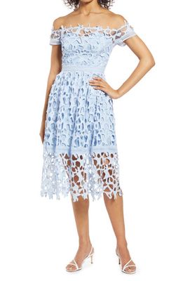 Chi Chi London Off the Shoulder Lace A-Line Dress in Blue