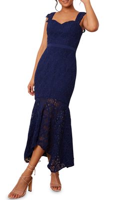 Chi Chi London Sweetheart Neck Emroidered Lace Gown in Navy