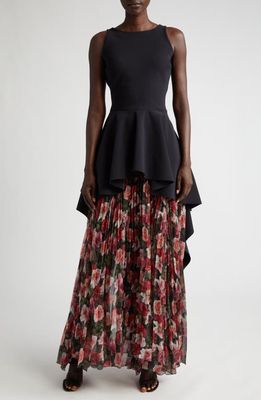 Chiara Boni La Petite Robe Floral Ruffle Pleat Panel Chiffon Gown in 37 Black Print E
