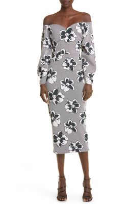 Chiara Boni La Petite Robe Ventura Floral Long Sleeve Off the Shoulder Midi Dress in Nero/Fiore Bianco
