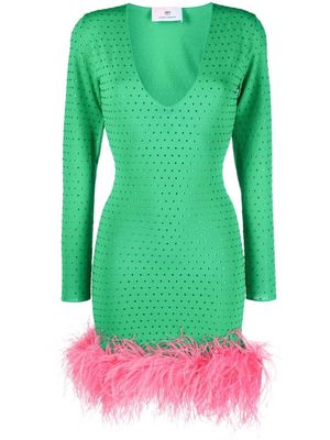 Chiara Ferragni feather-trim V-neck dress - Green