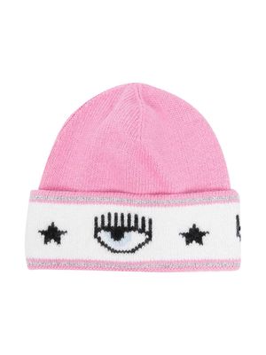 Chiara Ferragni Kids Eyelike-motif knitted beanie - Pink