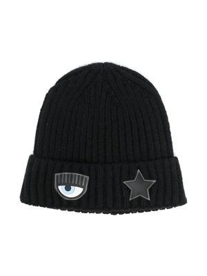 Chiara Ferragni Kids Wink patch knitted beanie - Black