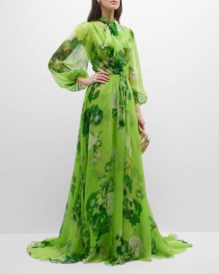 Chiffon Floral Printed Gown w/ Tie Neck