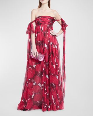 Chiffon Rose Moire Off-Shoulder Gown