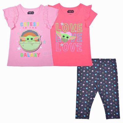Children's Apparel Network Preschool Grogu Pink/Coral/Navy The Mandalorian T-Shirt & Leggings Three-Pack Set
