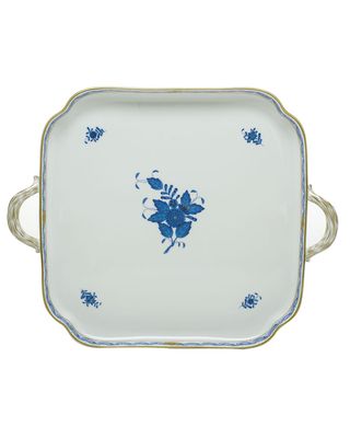 Chinese Bouquet Blue Square Tray with Handles