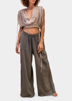 Chiople Leather-Trimmed Gauze Crop Top