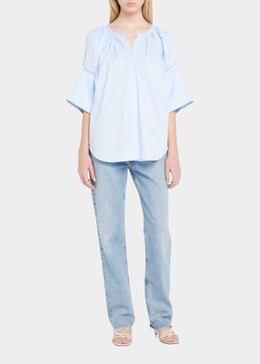 Chloe Button-Front Pleated Puff Sleeve Blouse