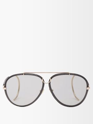 Chloé Eyewear - Edith Aviator Leather And Metal Sunglasses - Womens - Grey Gold