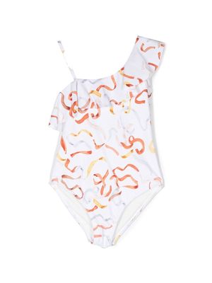 Chloé Kids asymmetric ribbon-print ruffled swimsuit - White