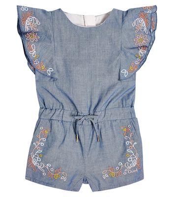Chloé Kids Baby embroidered cotton chambray playsuit