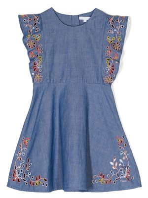Chloé Kids embroidered chambray floral dress - Blue
