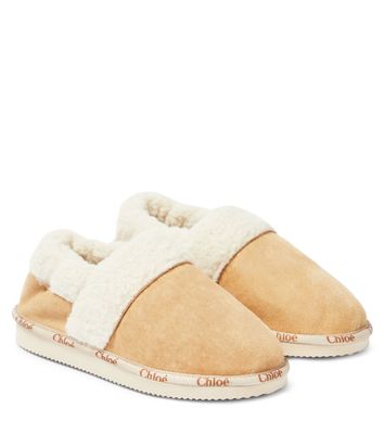 Chloé Kids Faux shearling-trimmed suede slippers