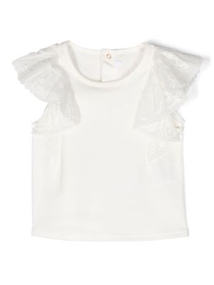 Chloé Kids floral-embroidered flutter-sleeve T-shirt - White