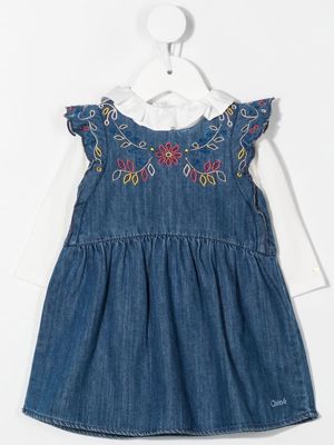 Chloé Kids floral-embroidered ruffle-collar dress - Blue