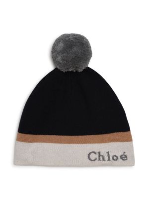 Chloé Kids intarsia-logo scarf and beanie set - Black