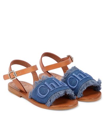 Chloé Kids Leather-trimmed denim sandals