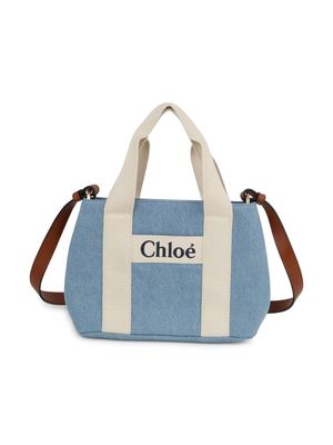 Chloé Kids logo-appliqué denim shoulder bag - Blue
