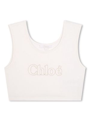 Chloé Kids logo-embroidered cropped tank top - White