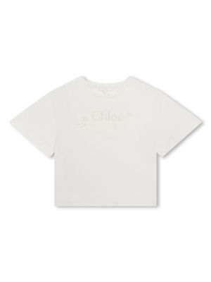Chloé Kids logo-embroidered eyelet T-shirt - White
