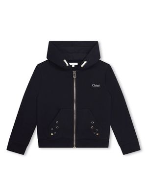 Chloé Kids logo-embroidered organic cotton hoodie - Blue