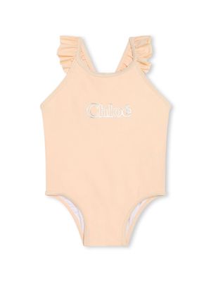 Chloé Kids logo-embroidered ruffled swimsuit - Neutrals