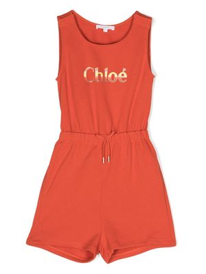 Chloé Kids logo-print cotton playsuit - Orange