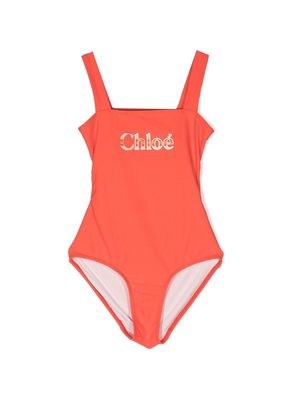 Chloé Kids logo-print cut-out swimsuit - Red