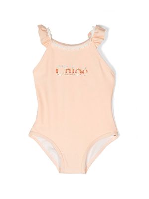 Chloé Kids ruffle-trim logo-print swimsuit - Neutrals