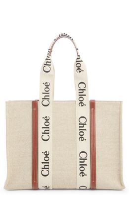Chloé Large Woody Logo Strap Canvas Tote in White-Brown