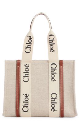 Chloé Medium Woody Logo Strap Canvas Tote in White - Brown 1