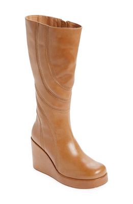 Chocolat Blu Peggy Platform Wedge Boot in Camel Leather