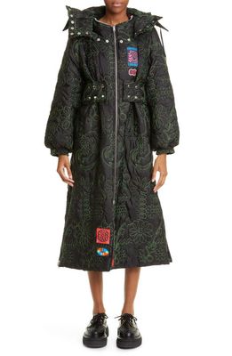 Chopova Lowena Floral Quilted Reversible Puffer Coat in Black/Green