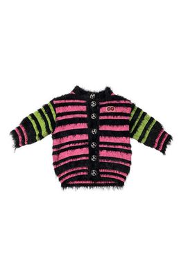 Chopova Lowena Triga Stripe Faux Fur Cardigan in Black/Pink/Green