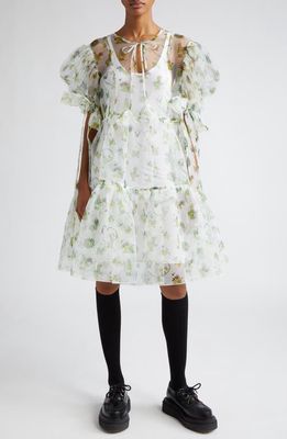 Chopova Lowena x Disney Daisy Duck Puff Sleeve Tiered Sheer Organza Dress in Green Multi