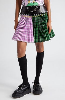 Chopova Lowena x Disney Daisy Duck Tartan Pleated Carabiner Belted Miniskirt in Pink And Green