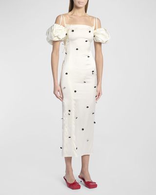 Chouchou Polka-Dot Fringe Off-The-Shoulder Puff-Sleeve Midi Dress