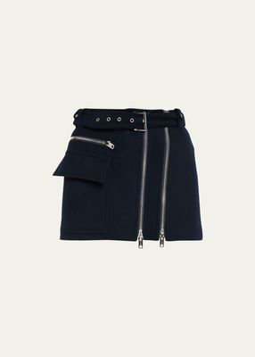Christian Double-Zip Belted Wool Mini Skirt