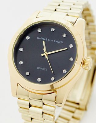 Christian Lars chunky link bracelet watch in black and gold with rhinestone face
