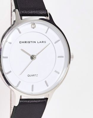 Christian Lars slimline leather strap watch in black with white dial-Silver